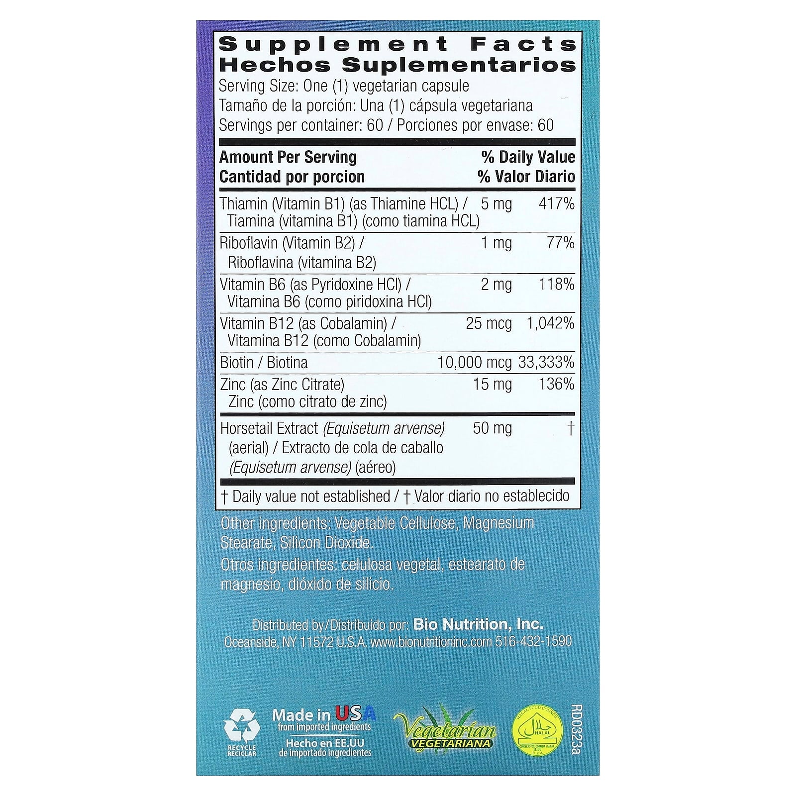 Bio Nutrition Healthy Hair Biotin supplement capsules showing ingredient highlights and features