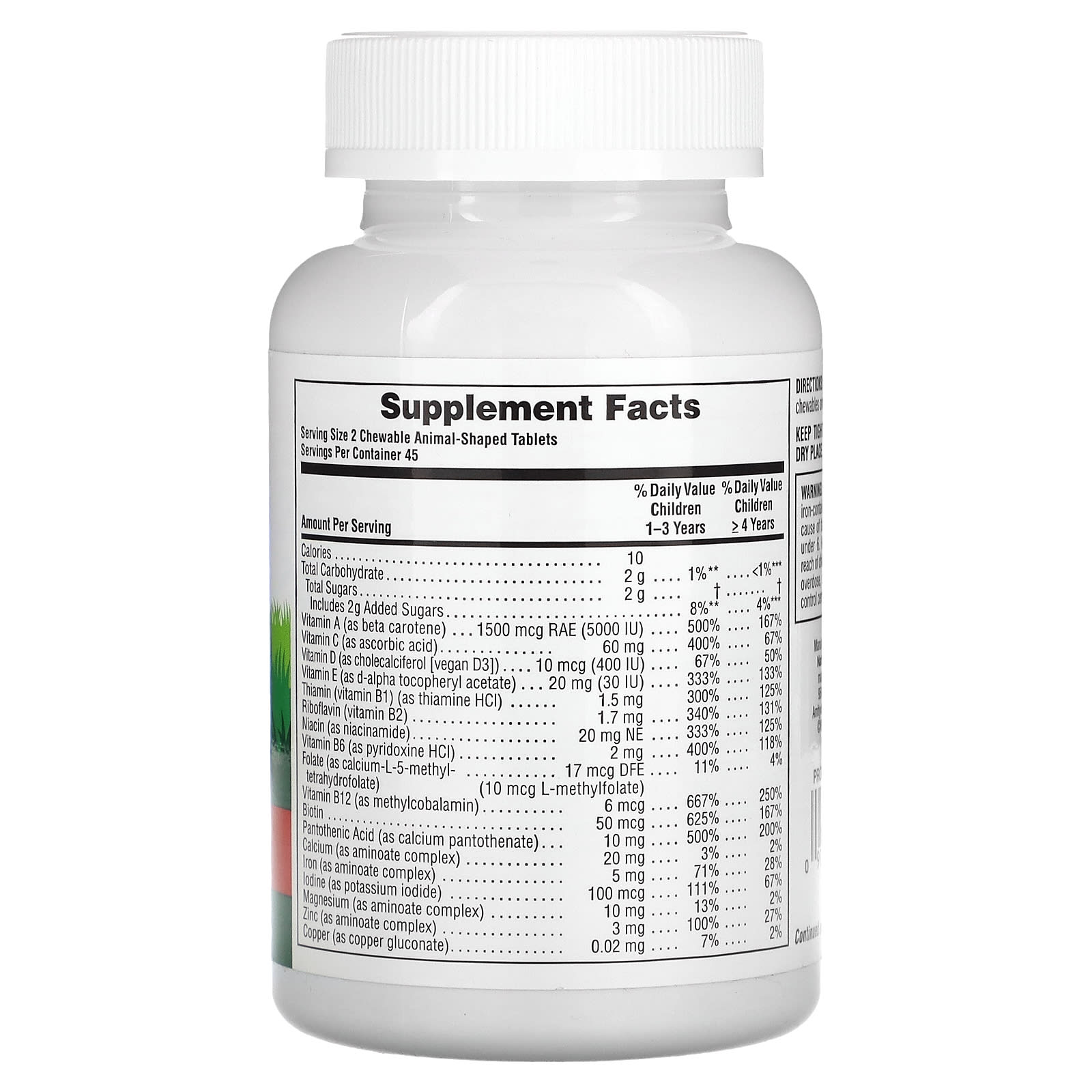 Animal Parade kids multivitamin supplement facts label with vitamins and minerals list