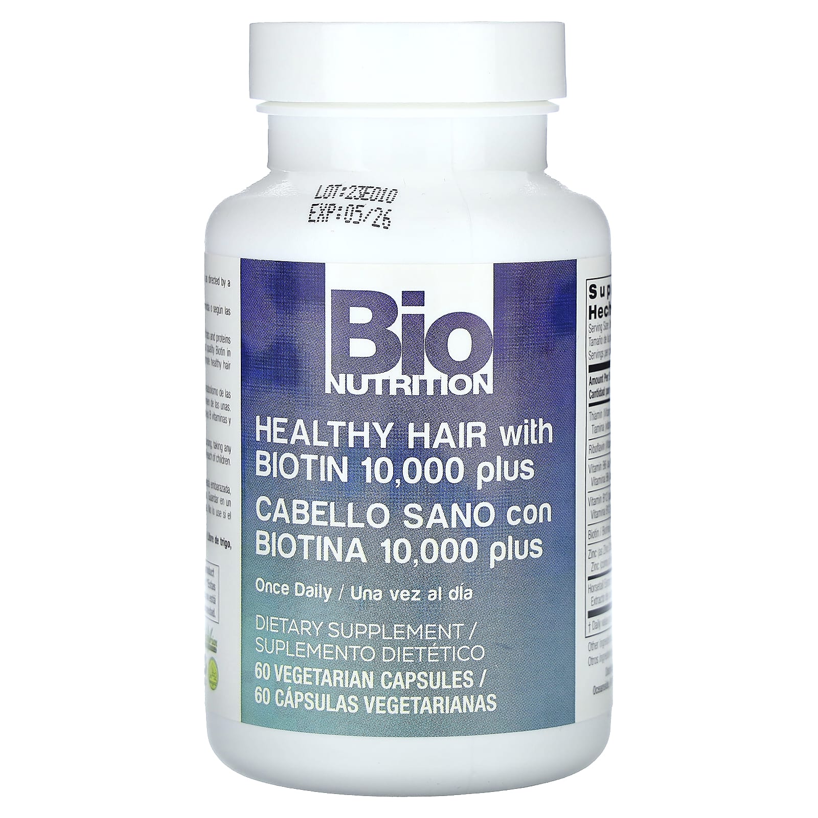 Bio Nutrition Biotin 10000 Plus hair growth supplement back panel with supplement facts label