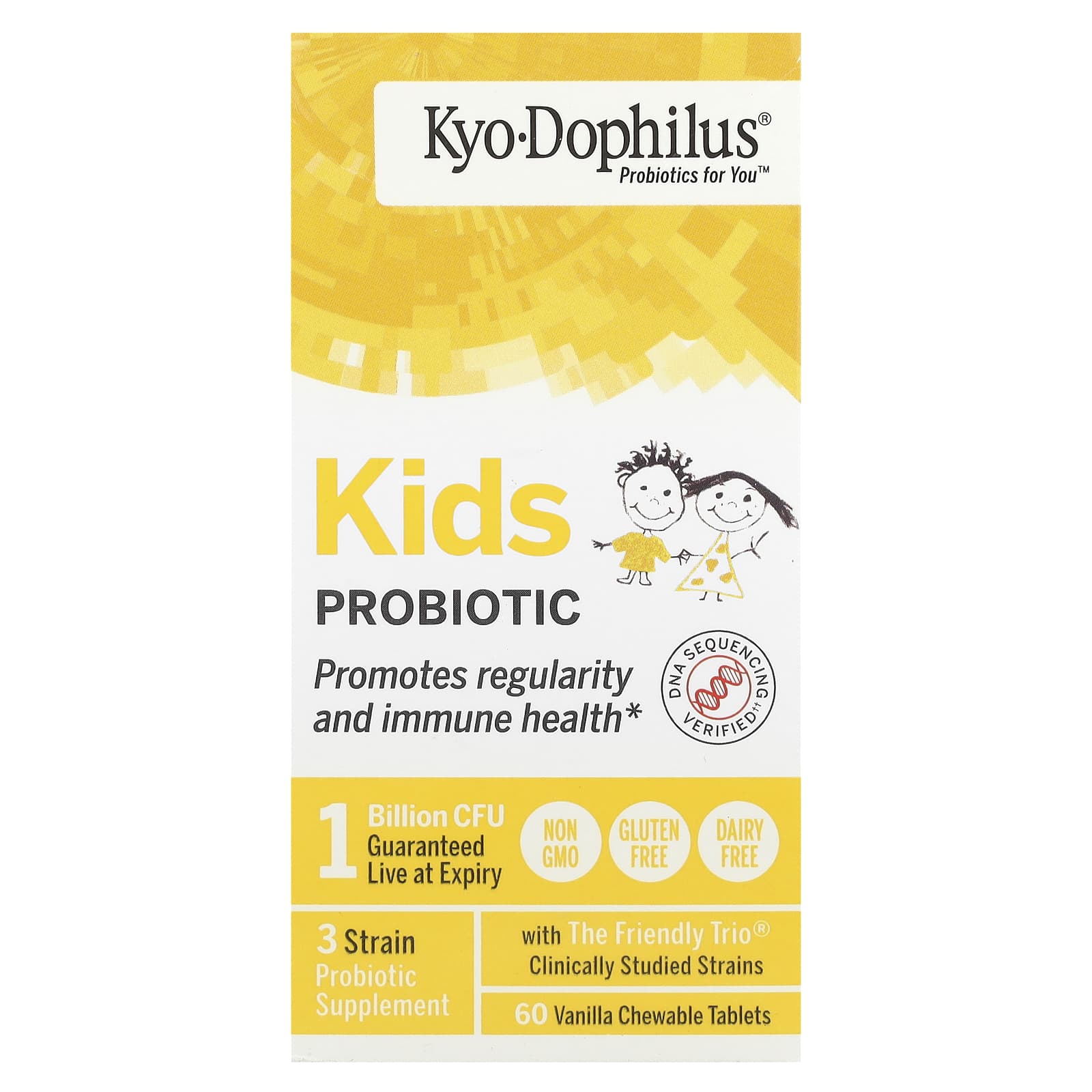 Kyolic Kids Probiotic Vanilla 1 Billion CFU 60 chewable tablets front packaging for children