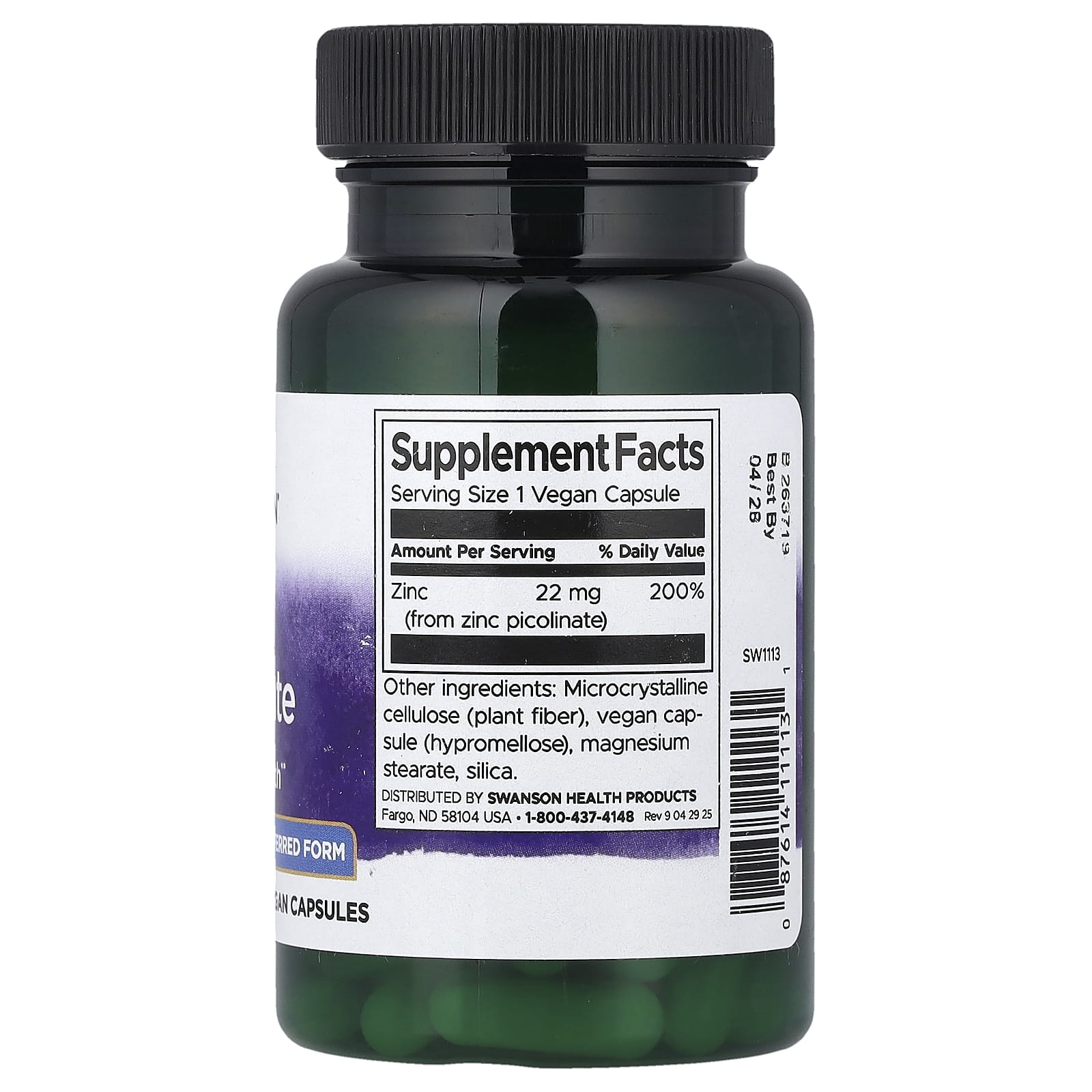 Swanson Zinc Picolinate supplement facts and ingredient information label close-up
