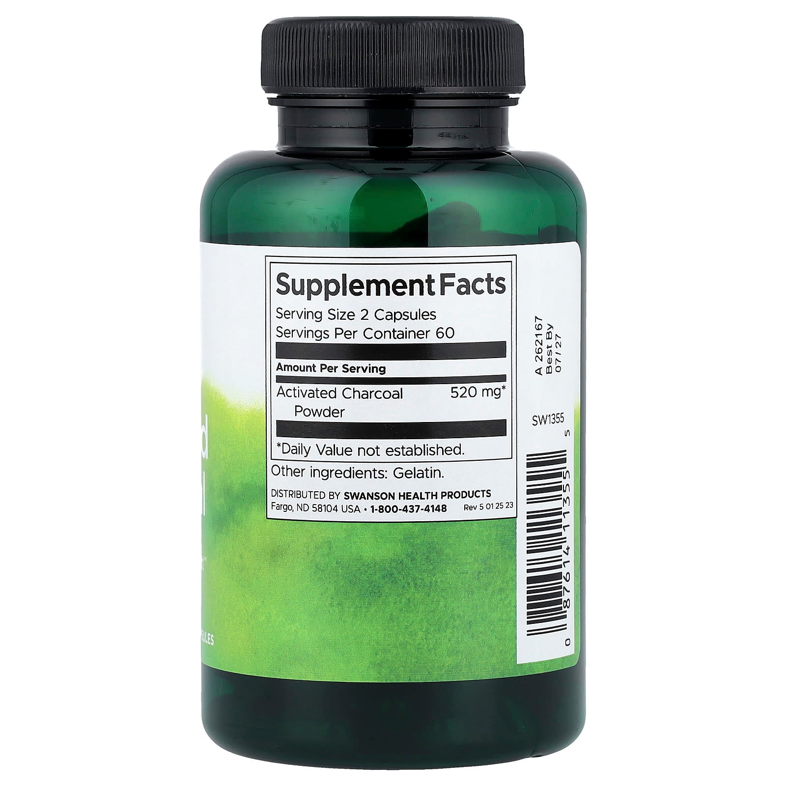 Swanson Activated Charcoal capsules back panel displaying supplement facts and ingredients