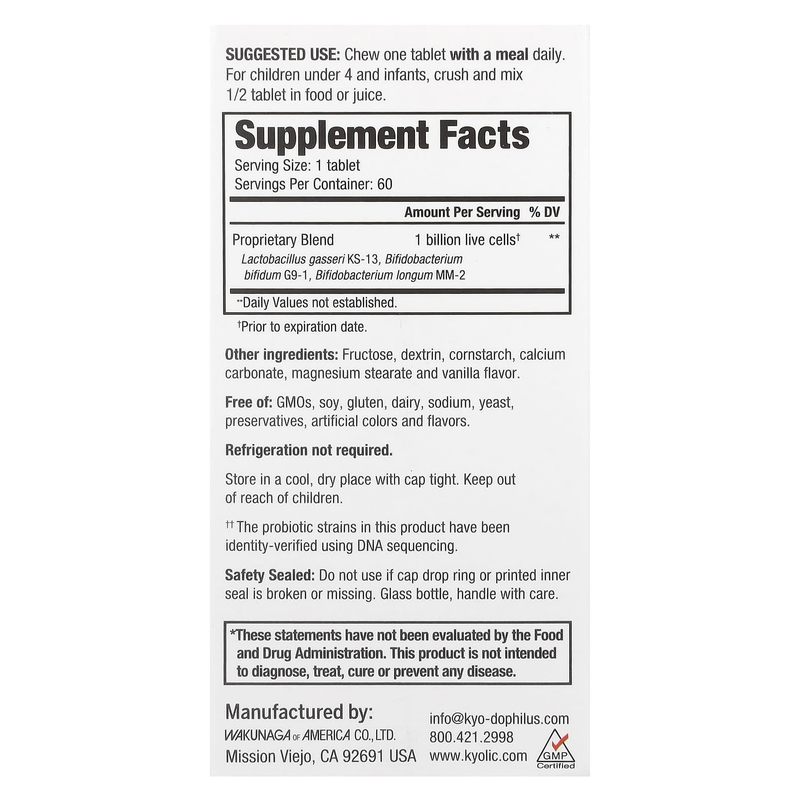Kyolic Kids Probiotic chewable tablets supplement facts showing 1 Billion CFU probiotic strains