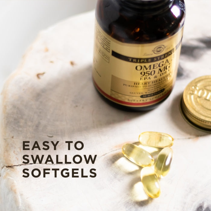 Solgar Triple Strength Omega-3 950mg bottle detail view showing label and product information