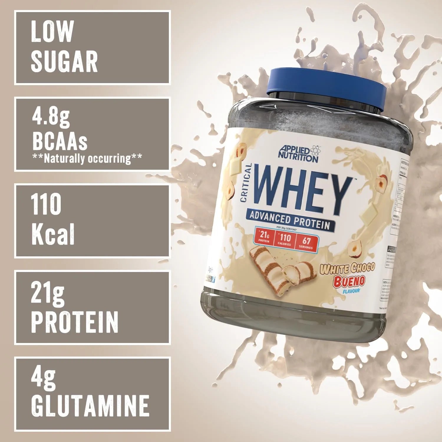 Applied Nutrition Critical Whey Protein container lifestyle shot showing shaker and powder