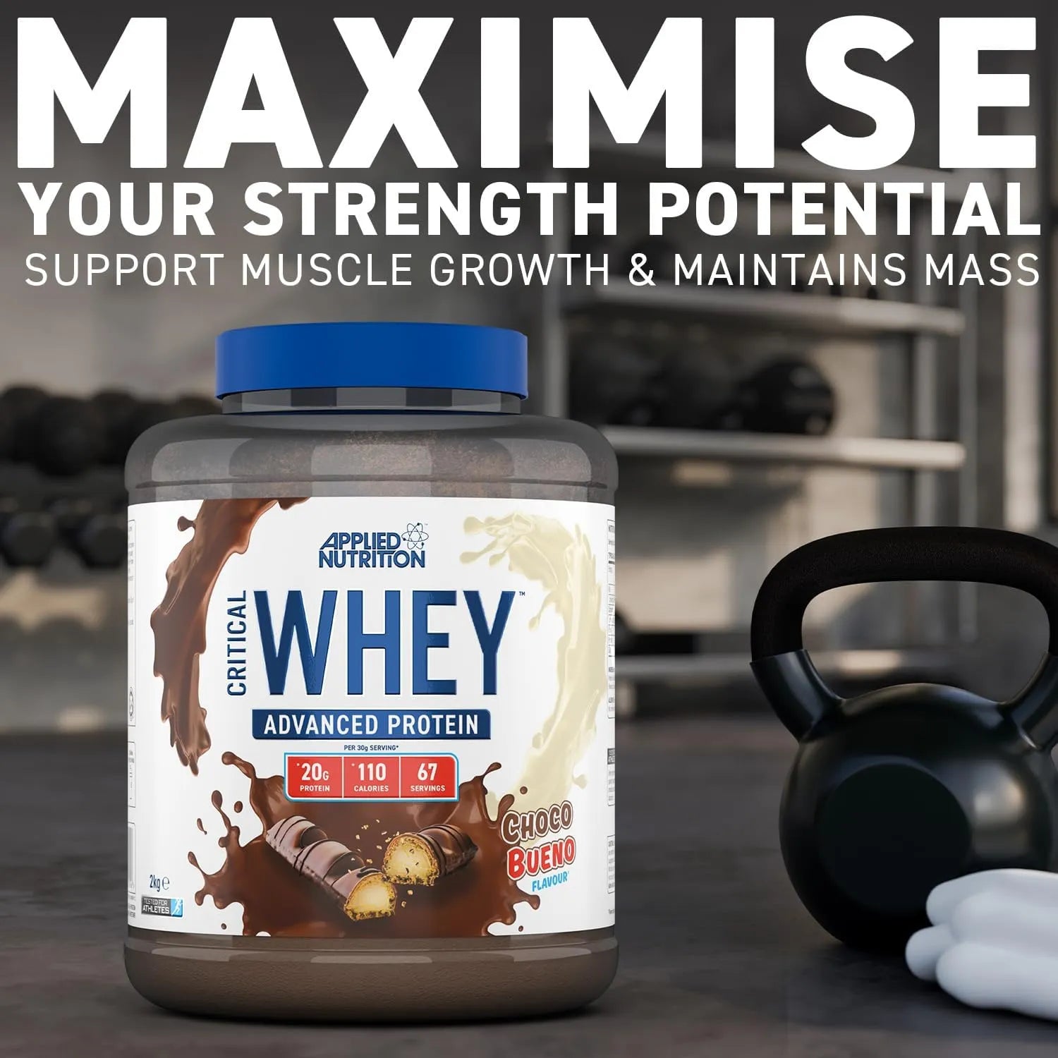 Applied Nutrition Critical Whey Protein alternate angle close-up of label and product design