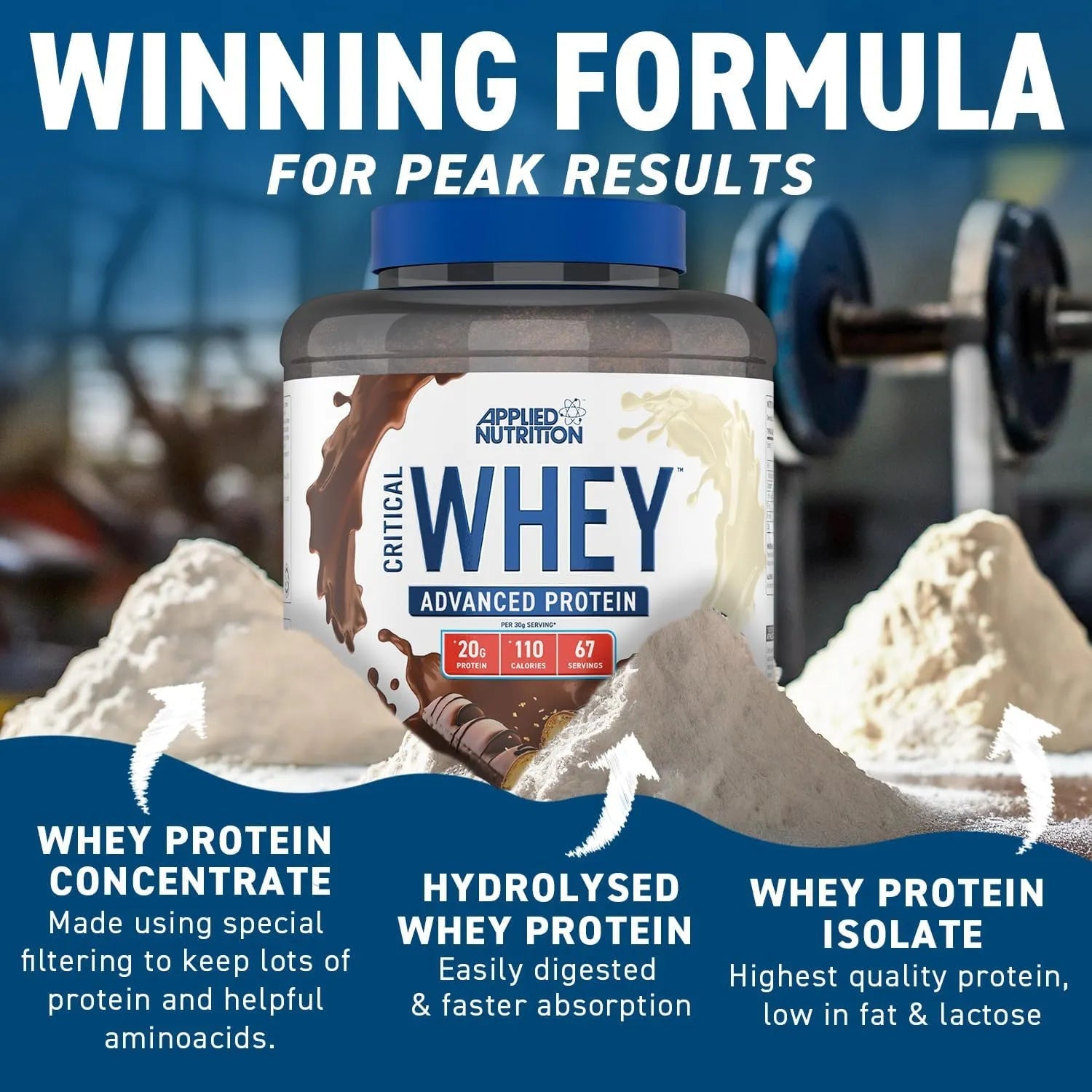 Applied Nutrition Critical Whey Protein detail view highlighting amino acid and whey blend info
