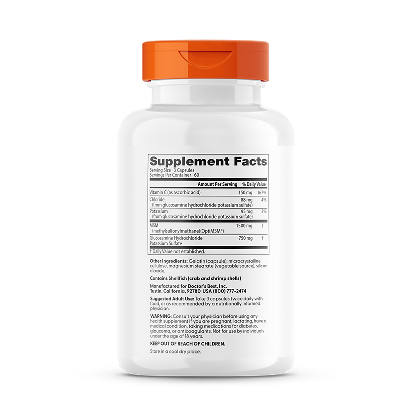 Doctor's Best Synergistic Glucosamine MSM supplement facts and benefits panel back label