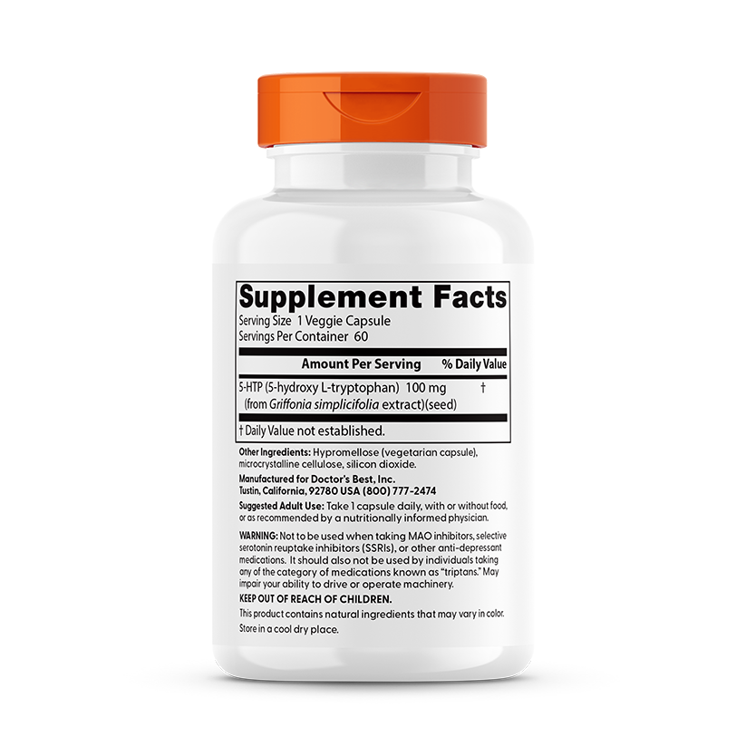Doctor's Best 5-HTP 100mg supplement facts back panel with ingredient and serving information