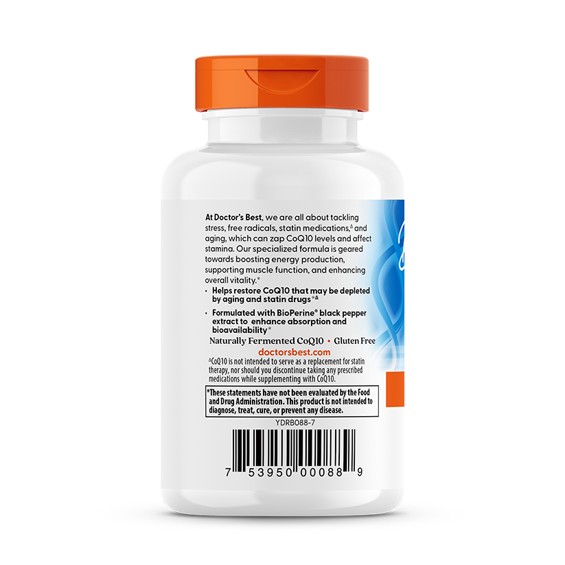 Doctor's Best High Absorption CoQ10 100mg softgels side panel with ingredient sourcing details