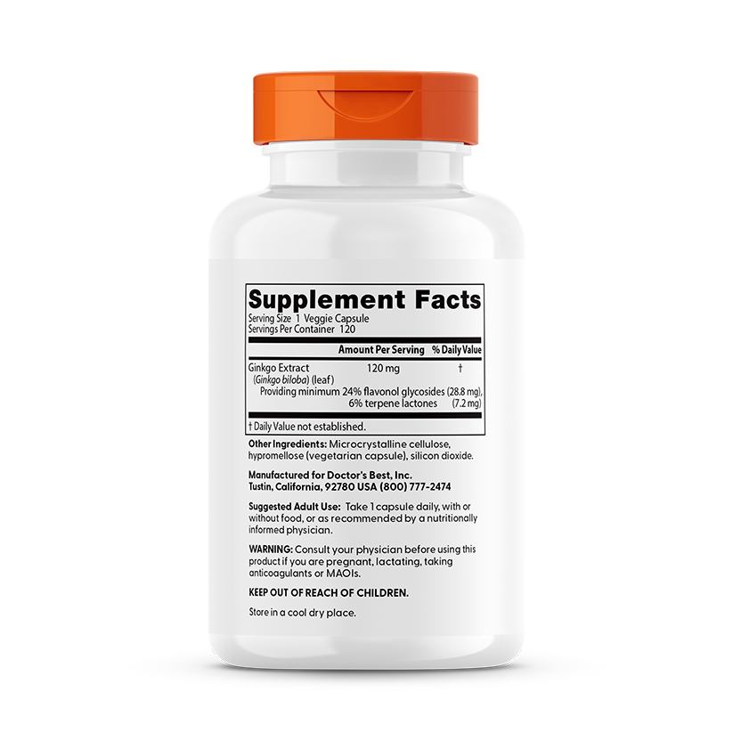 Doctor's Best Ginkgo 120mg supplement facts label showing serving size and ingredient details