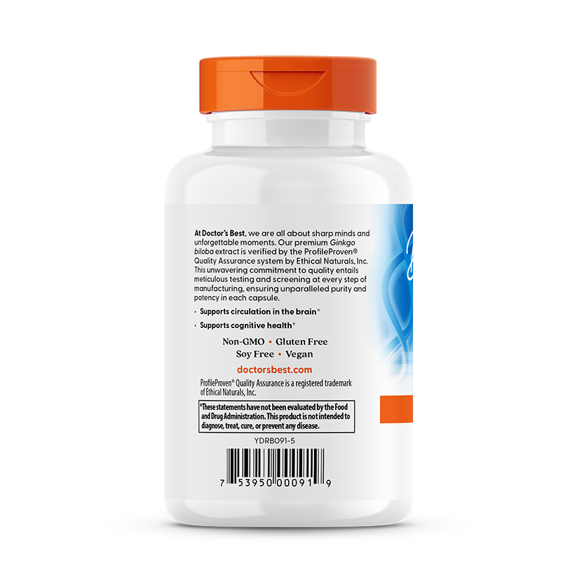 Doctor's Best Extra Strength Ginkgo back panel with usage directions and product benefits