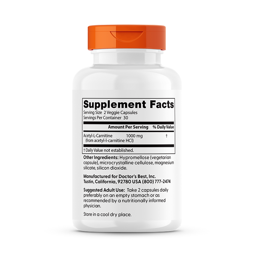 Doctor's Best Acetyl-L-Carnitine 1000mg supplement facts back label with full ingredient details