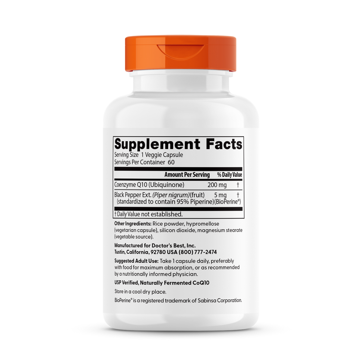 Doctor's Best CoQ10 200mg BioPerine supplement facts benefits panel serving and dosage info
