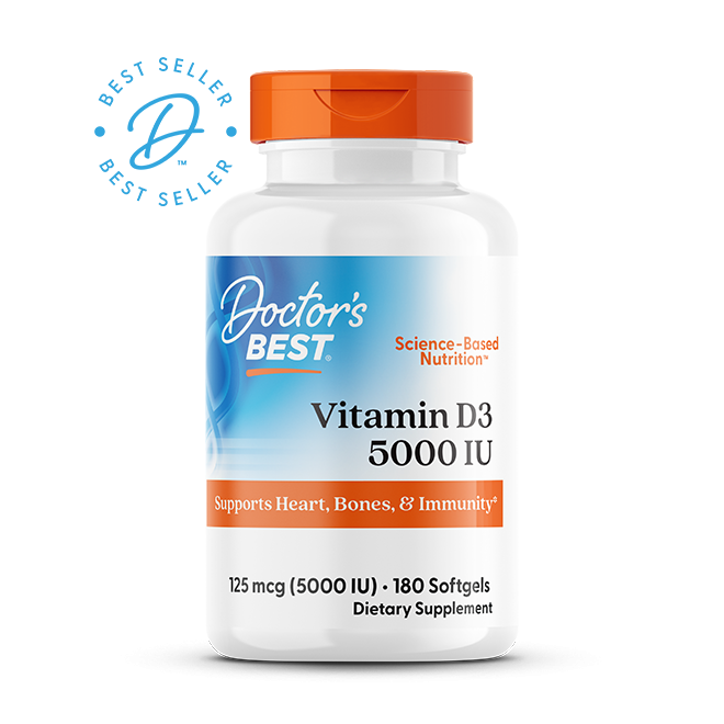 Doctor's Best Vitamin D3 5000 IU best seller front label, 180 softgels supplement bottle
