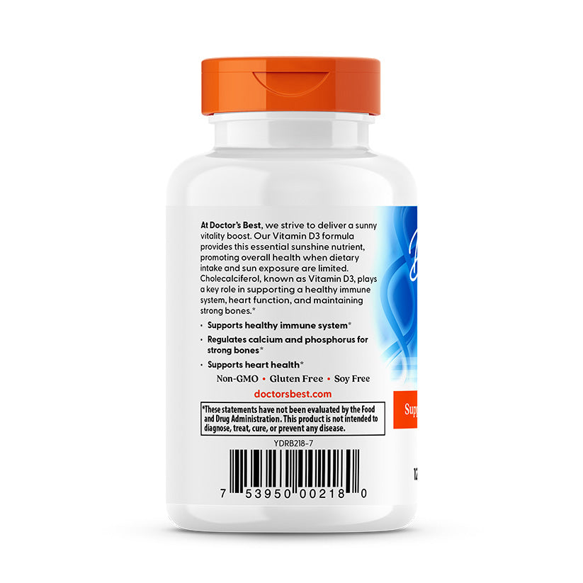 Doctor's Best Vitamin D3 5000 IU back panel showing bone and immune health usage directions