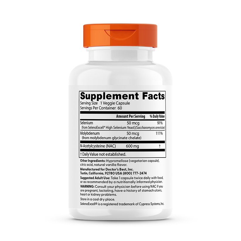Doctor's Best NAC Detox Regulators supplement facts label with NAC and detox nutrient details