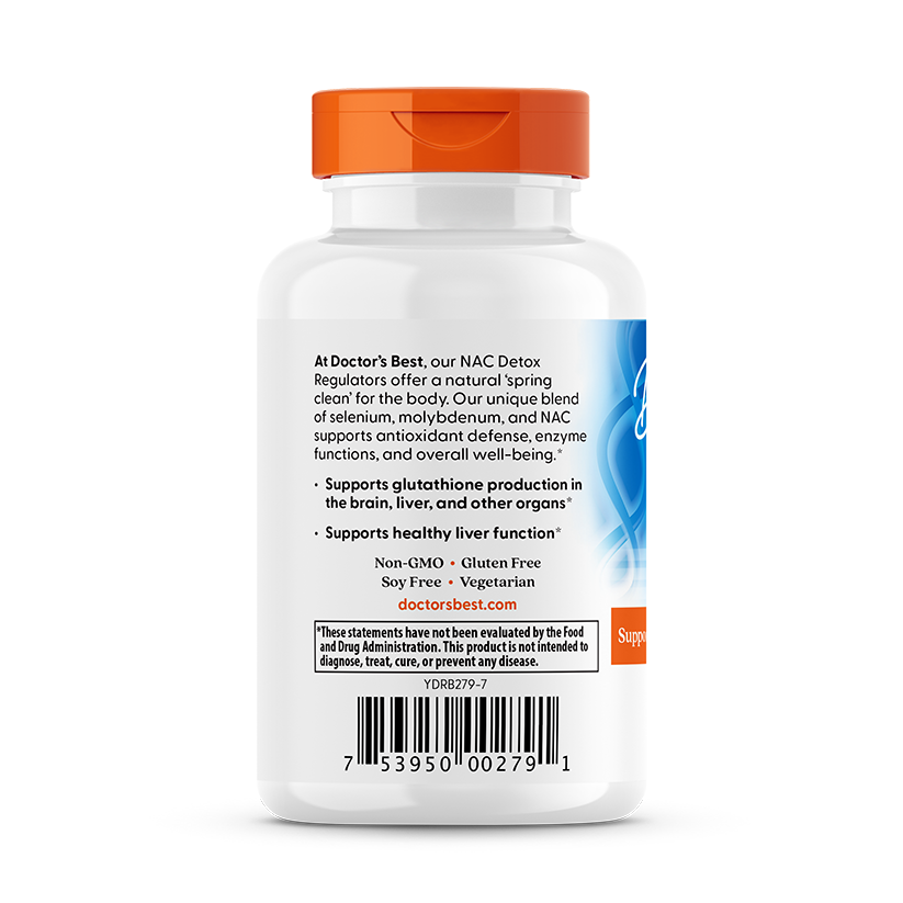 Doctor's Best NAC Detox Regulators back panel showing glutathione support and usage directions