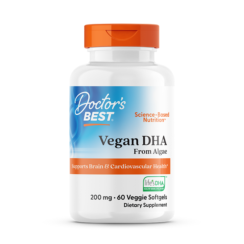 Doctor's Best Vegan DHA from Algae 200mg front packaging, 60 veggie softgels bottle