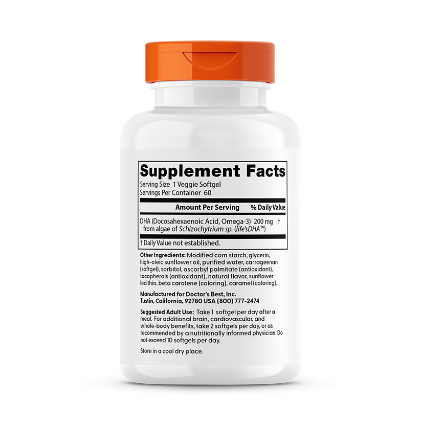 Doctor's Best Vegan DHA Algae supplement facts panel with omega-3 DHA nutritional details
