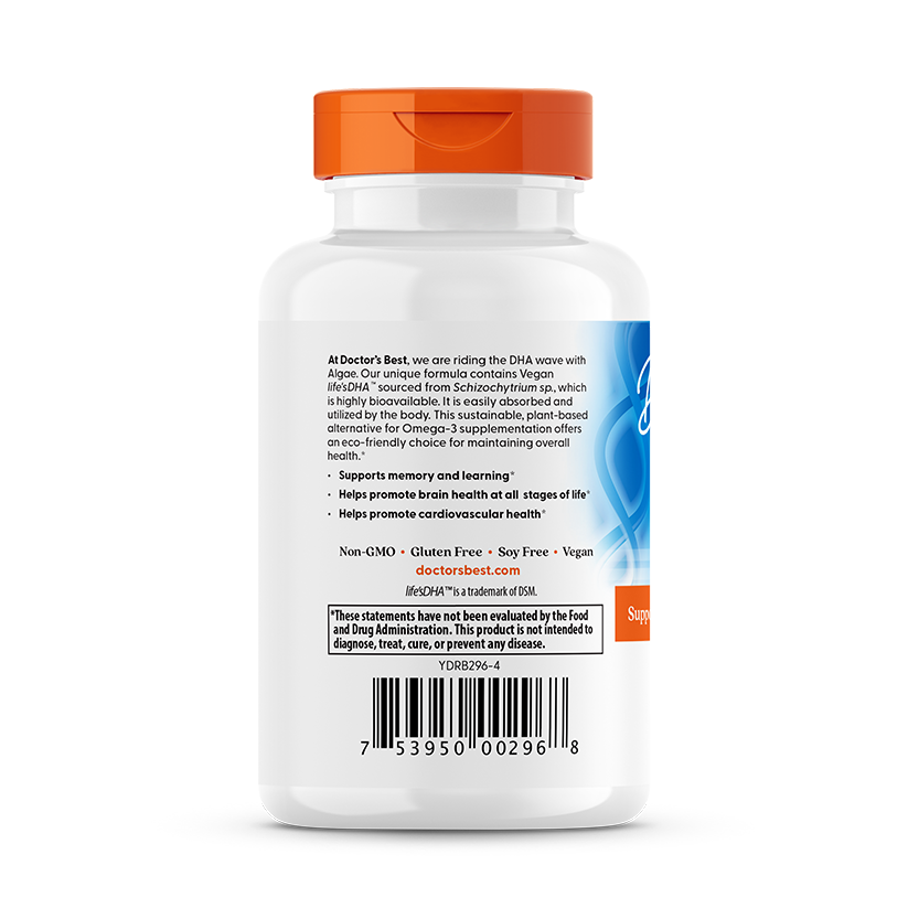 Doctor's Best Vegan DHA from Algae back panel featuring Life's DHA ingredient information