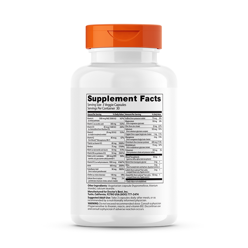 Doctor's Best Multi-Vitamin supplement facts label with Vitashine D3 and Quatrefolic folate