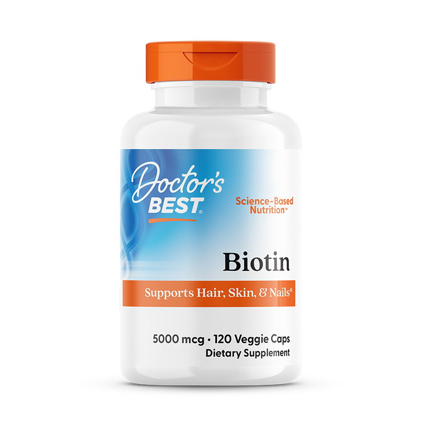 Doctor's Best Biotin 5000mcg 120 veggie caps front packaging for hair skin and nail support