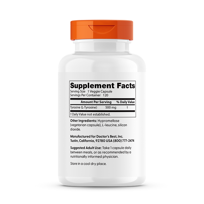 Doctor's Best Best L-Tyrosine 500mg supplement facts back label with serving and ingredient info