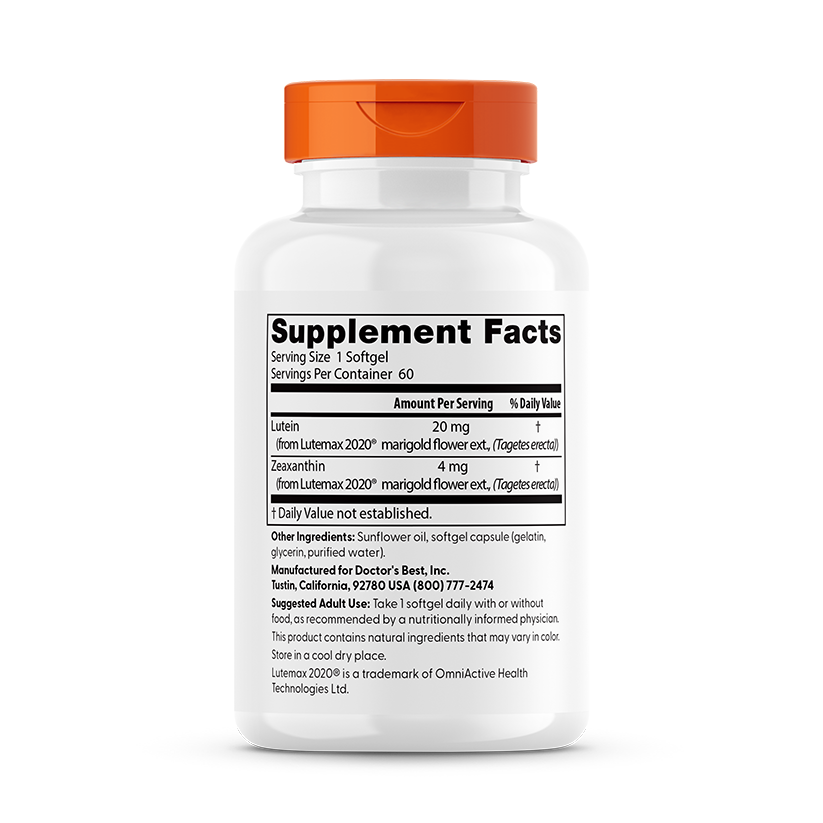 Doctor's Best Lutein Lutemax 2020 softgels supplement facts panel with zeaxanthin content