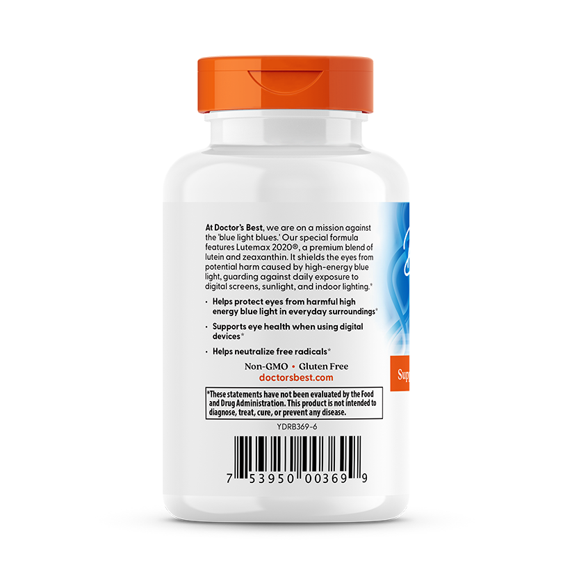Doctor's Best Lutein 20mg softgels back label showing eye health ingredients and directions