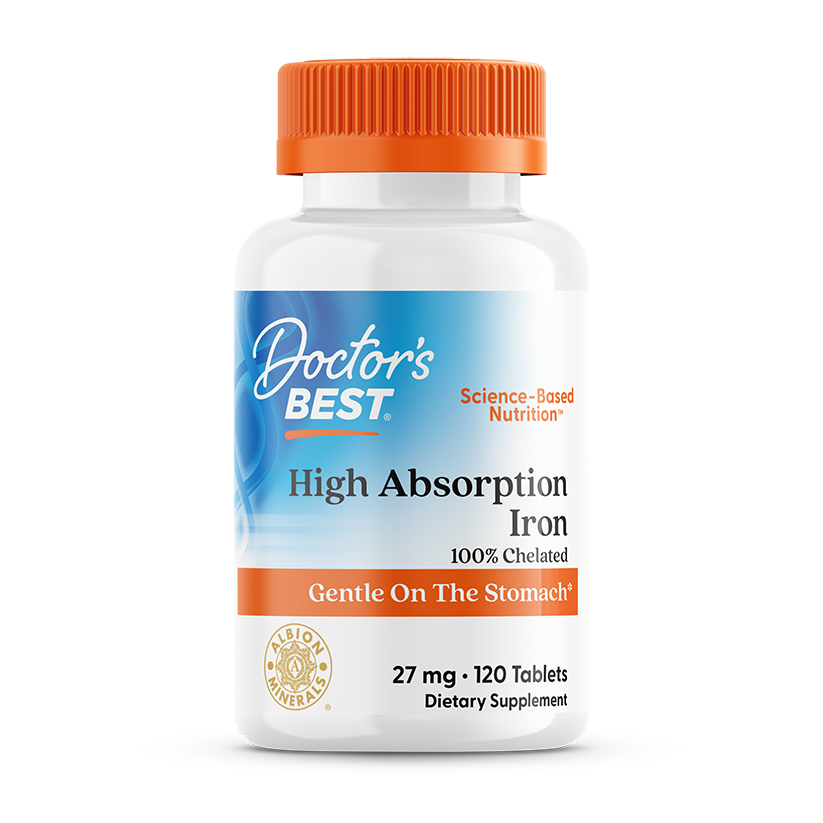 Doctor's Best High Absorption Iron with Ferrochel 27mg 120 tablets front bottle packaging