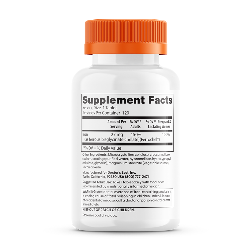 Doctor's Best Ferrochel Iron 27mg supplement facts label with serving size and nutrient details