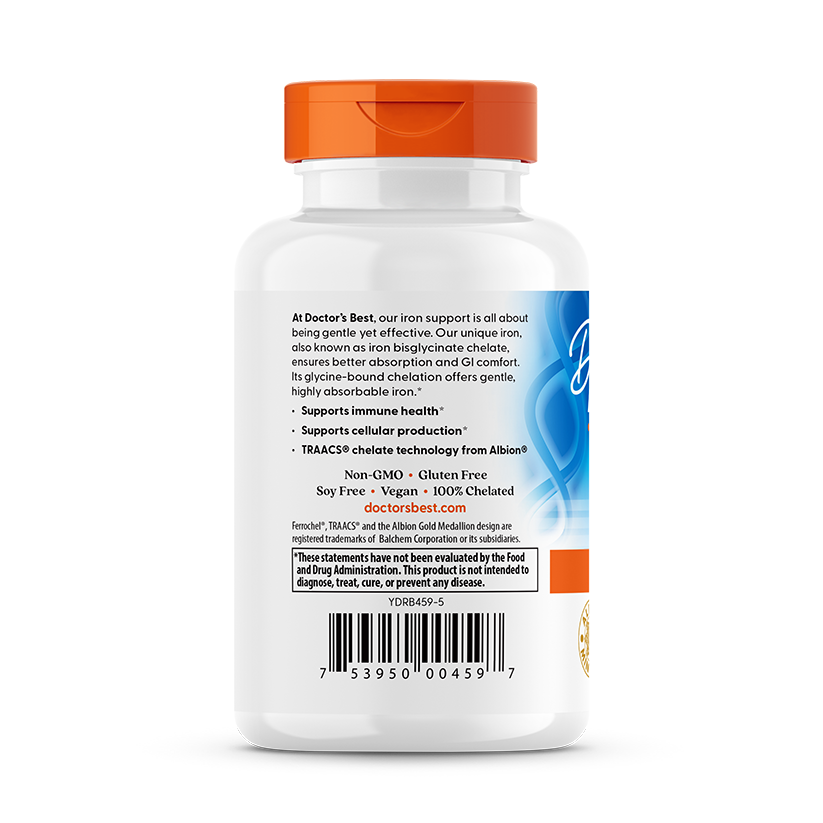 Doctor's Best High Absorption Iron tablets side panel with ingredient quality and usage information