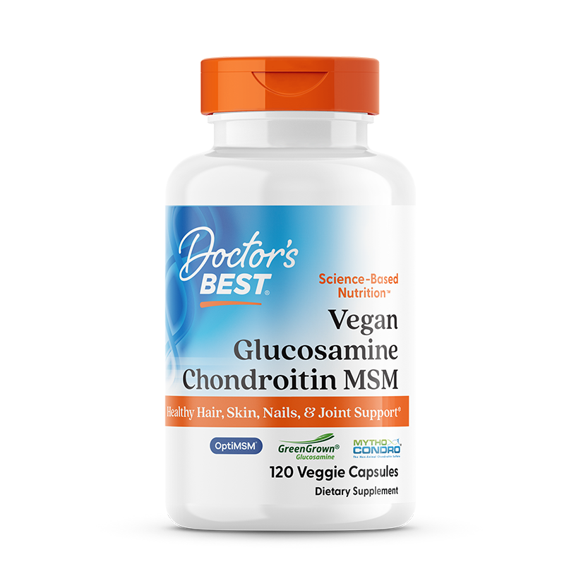 Doctor's Best Vegan Glucosamine Chondroitin MSM front label, 120 veggie capsules bottle