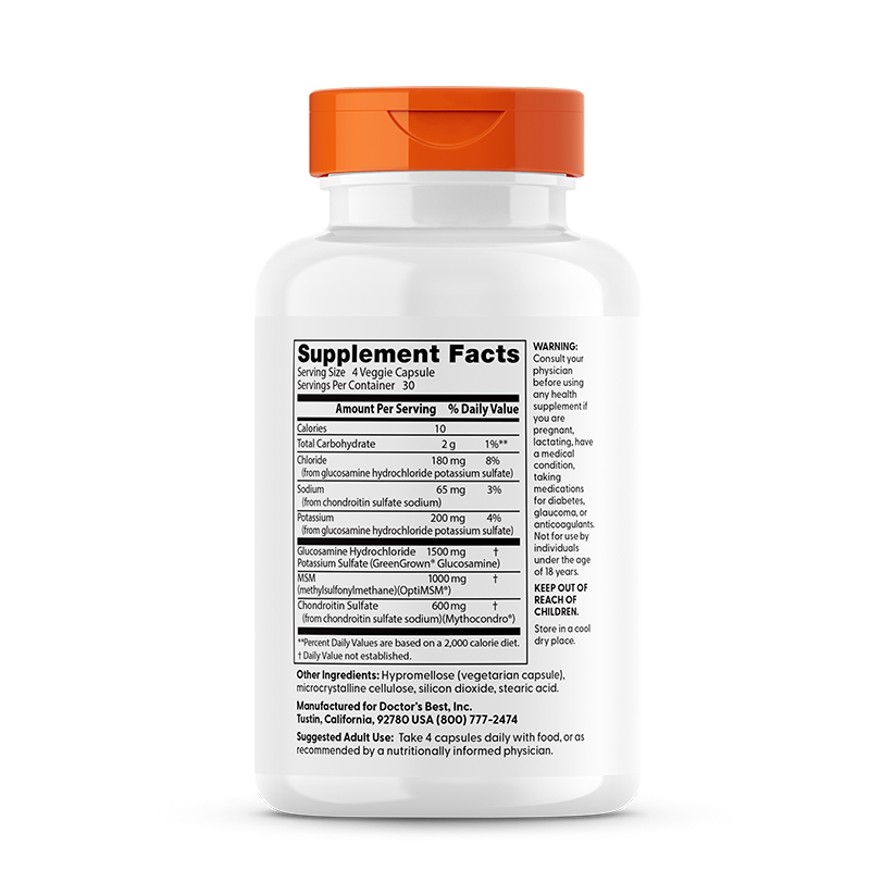 Doctor's Best Vegan Glucosamine Chondroitin MSM supplement facts and nutritional label panel