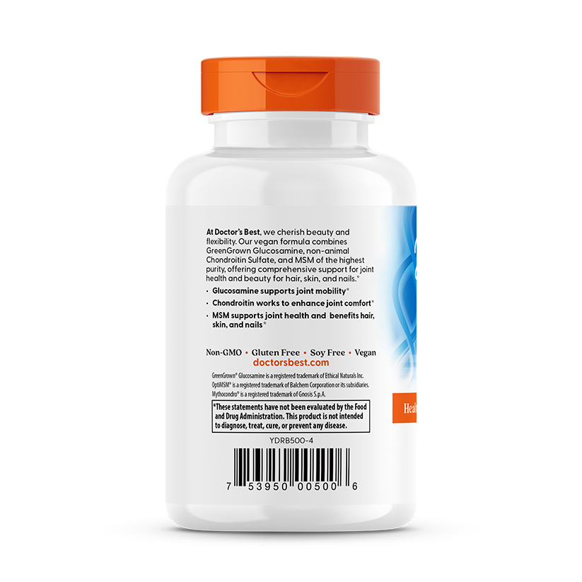 Doctor's Best Glucosamine Chondroitin MSM back panel with joint support directions and info