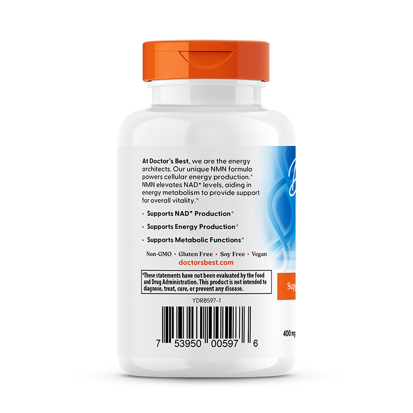 Doctor's Best NMN 400mg back panel with NAD+ precursor benefits and dosage directions