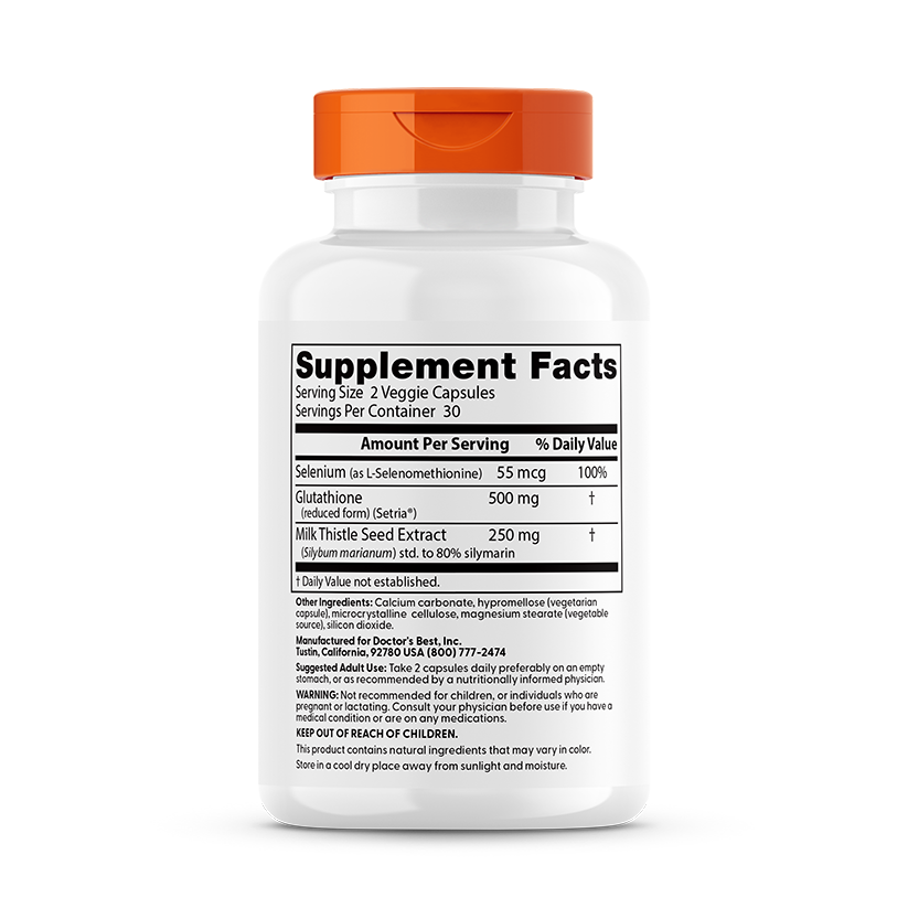 Doctor's Best Glutathione Milk Thistle supplement facts back panel with ingredient dosage details