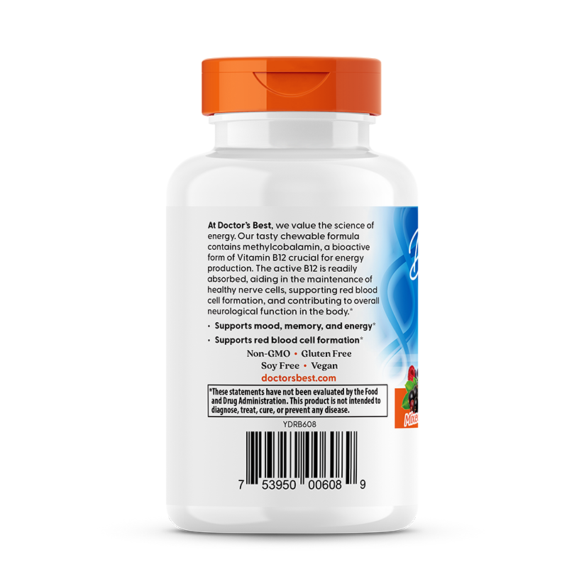 Doctor's Best Chewable B12 Mixed Berries 5000mcg tablets side panel with directions and info