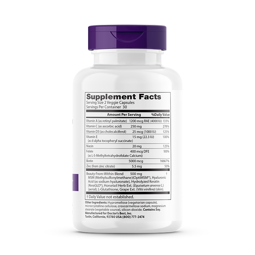 Doctor's Best Hair Skin Nails supplement facts label with biotin and collagen details