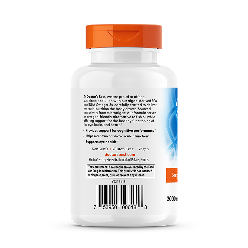 Doctor's Best Vegan Omega-3 back panel with usage instructions and essential fatty acid details