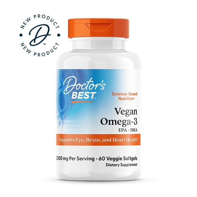 Doctor's Best Vegan Omega-3 2000mg new product front view, 6 veggie softgels packaging