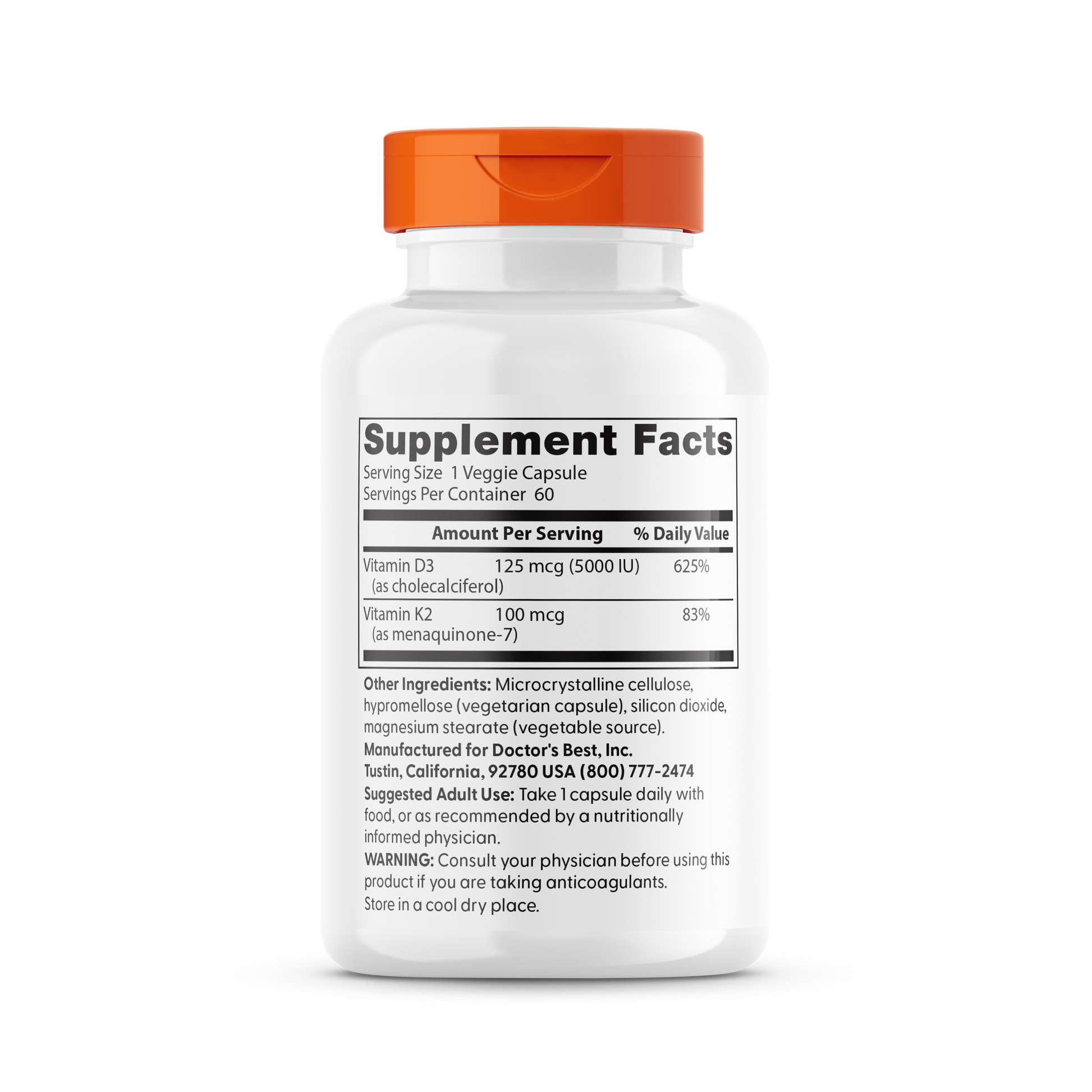 Doctor's Best Vitamin D3 K2 MK-7 supplement facts back panel with ingredient dosage information