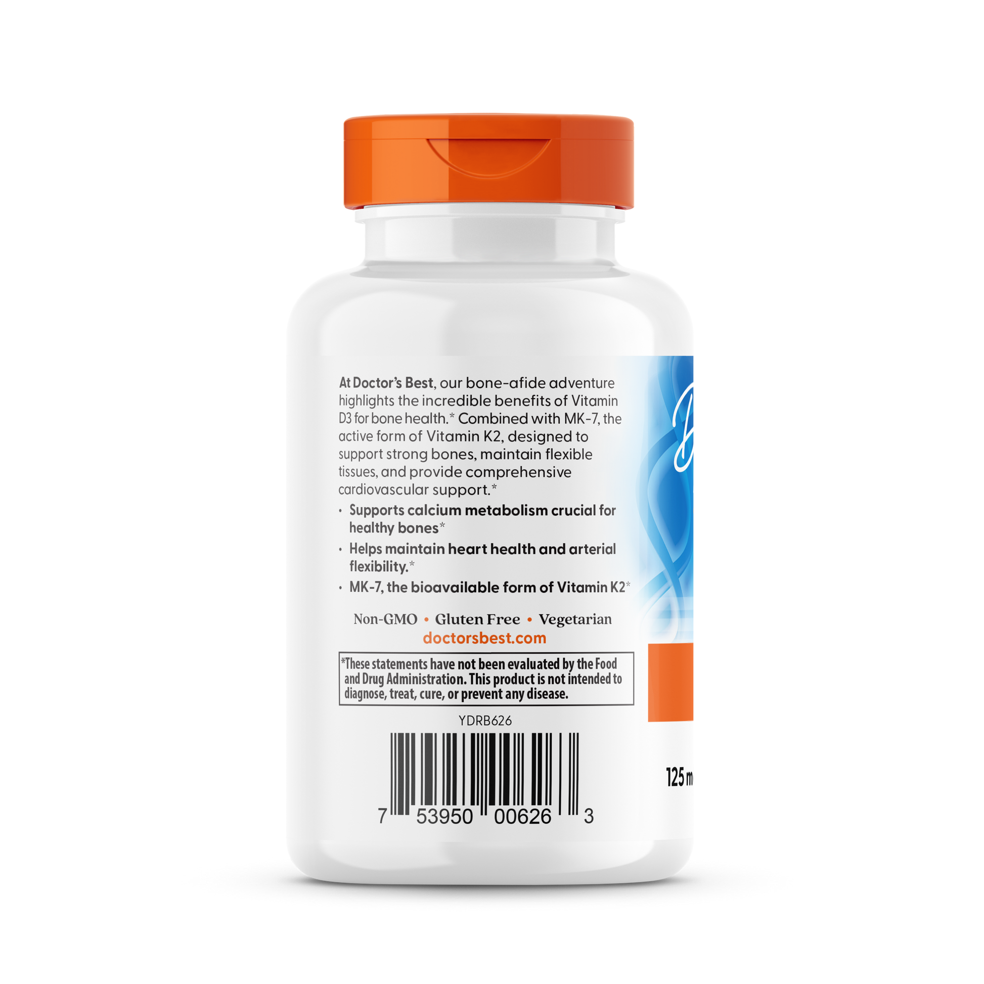 Doctor's Best D3 K2 MK-7 veggie caps side panel with serving directions and quality assurance
