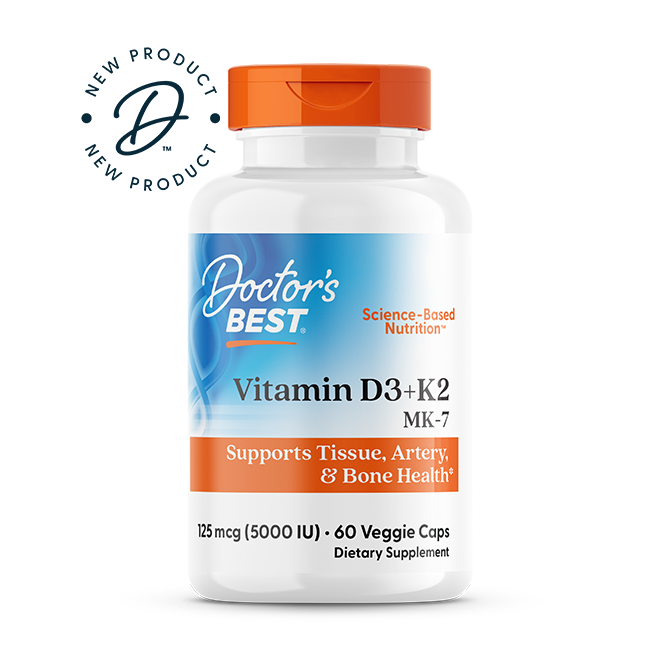 Doctor's Best Vitamin D3 plus K2 MK-7 60 veggie caps front packaging for bone health support