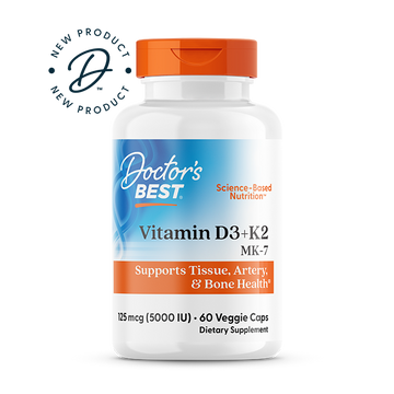Doctor's Best Vitamin D3 plus K2 MK-7 60 veggie caps front packaging for bone health support