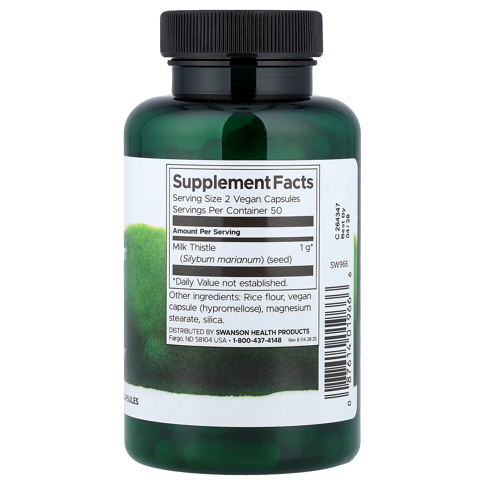 Swanson Milk Thistle herbal supplement back label with ingredient and nutrition facts