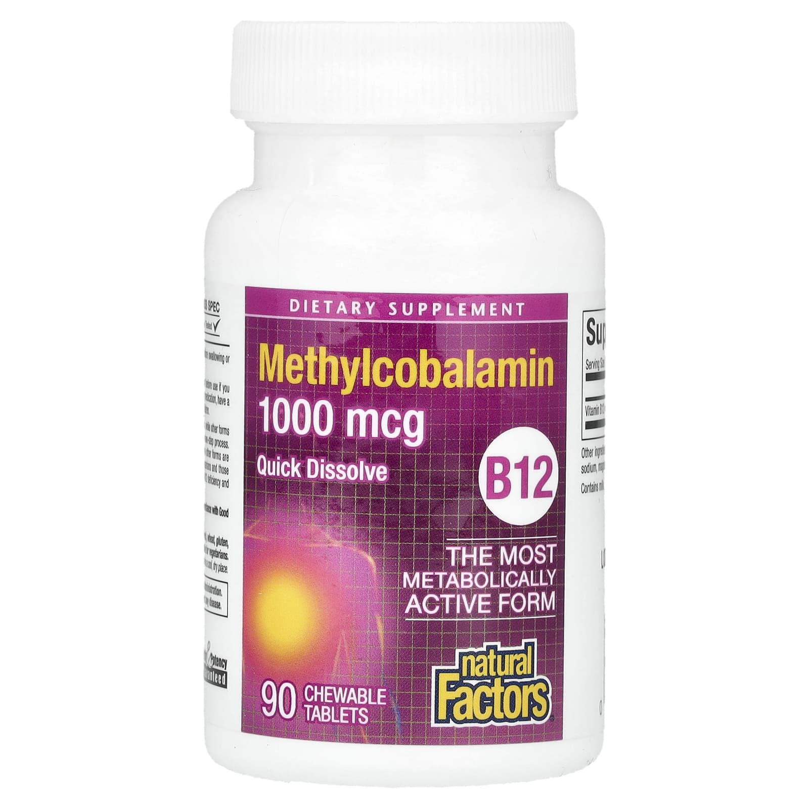 Natural Factors B12 Methylcobalamin chewable supplement facts label with full ingredient details