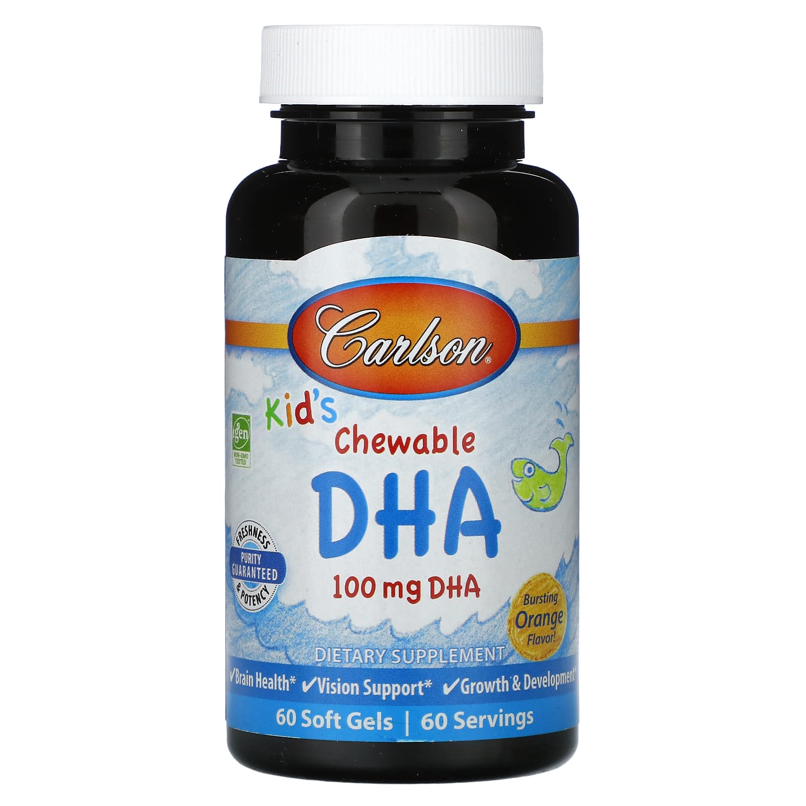 Carlson Kids Chewable DHA Bursting Orange 100mg omega-3 soft gels front product packaging