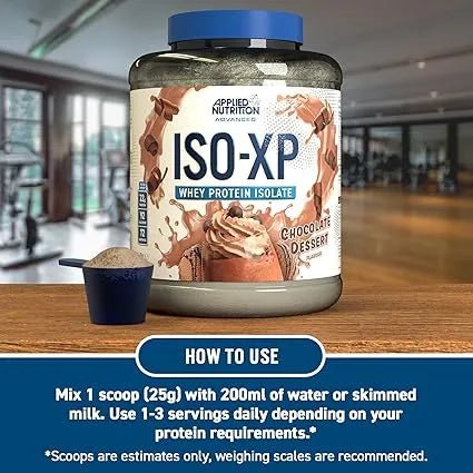 Applied Nutrition ISO-XP Whey Protein Isolate close-up product detail showing label and nutritional info
